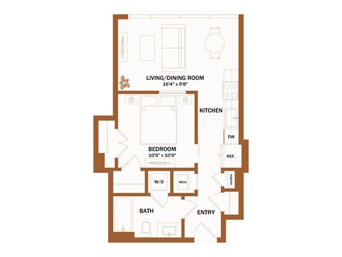 A floor plan of a small apartment with a living room, kitchen, bedroom, bathroom, and entry.